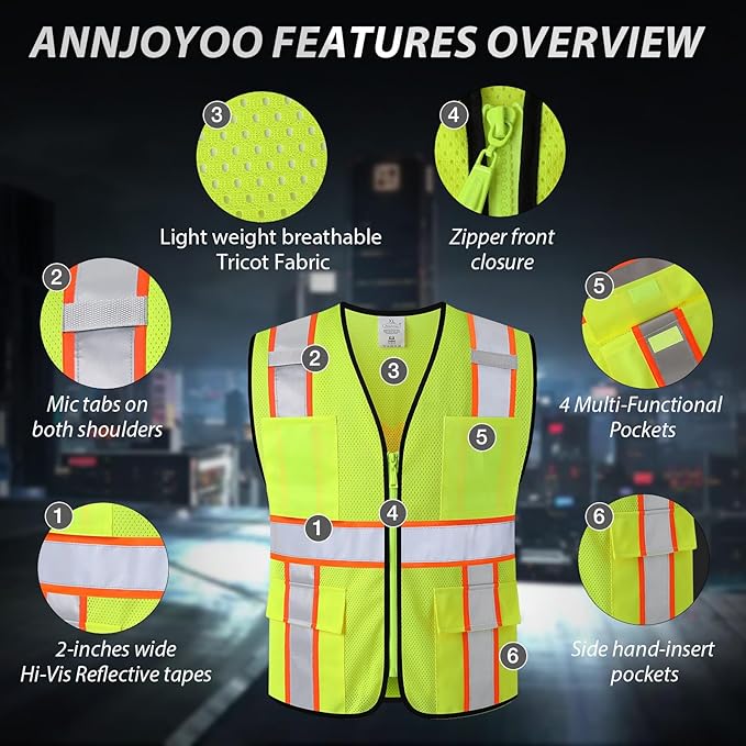 Class 2 Safety Vest with Zipper Front and multiple Pockets, High Visibility Vest, Meets ANSI/ISEA Standards