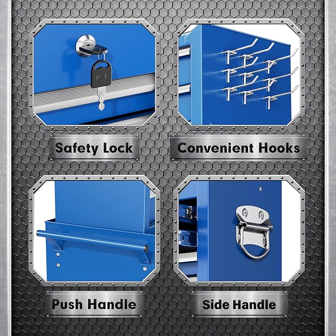Crownland 8-Drawer Rolling Tool Chest with Wheels, Lockable 2 in 1 Detachable Tool Cabinet wit Drawers and Black Liners, Garage Top Toolbox & Bottom Storage Cart with Side Hooks(Blue)