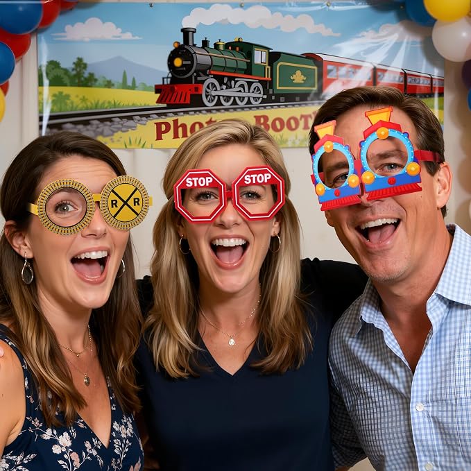 Pajean 32 Pcs Train Party Decoration Train Themed Paper Eyeglasses Photo Booth - Image 7