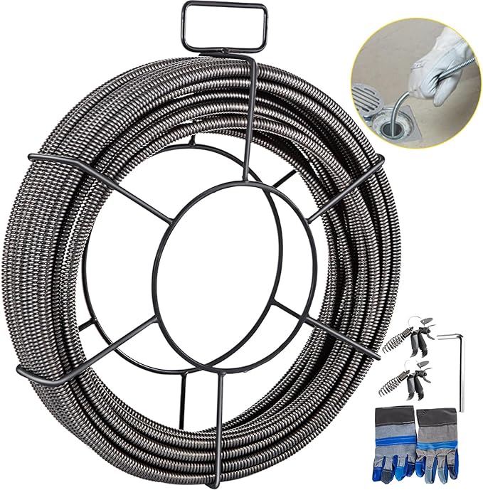 VEVOR Drain Cleaning Cable 75ft x 1/2 inch Solid Core Cable Sewer Cable, Drain Auger Cable Cleaner, Snake Clog Pipe Drain Cleaning Cable W/Four Shapes of Cutters