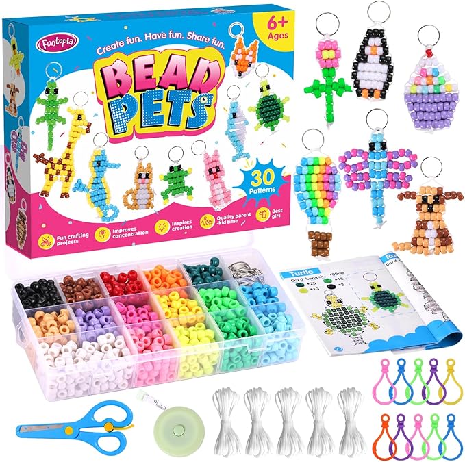 Funtopia Beads for Crafts, Pony Beads Keychain Making Kit, Bead Pets Art Crafts by Funtopia