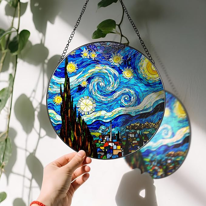 8'' Van Gogh Starry Night Sun Catcher Ornament, Stained Glass Window Hanging - Image 3