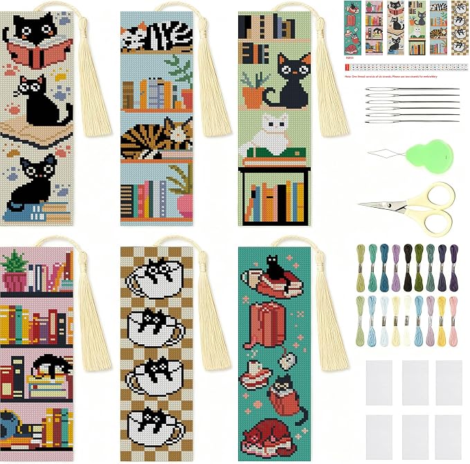NEGEKFKX 6 Pcs Black Cat Cross Stitch Bookmark Kit by NEGEKFKX