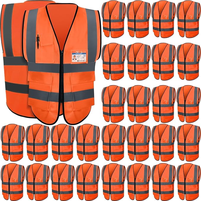 Leumoi 30 Pack Reflective Safety Vest with Pockets and Zipper High Visibility Vest for Women Men Work