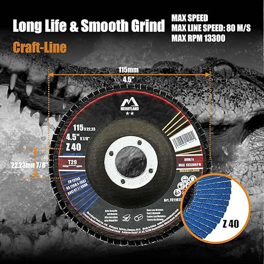 Merryland Flap Disc 4 1/2 inch Metal for Angle Grinder, 4.5inch 40 Grit T29 Flap Wheel 10 Pack, Blue Zirconium Corundum INOX Stainless Steel Iron Universal, Craft-Line FC1107214-10