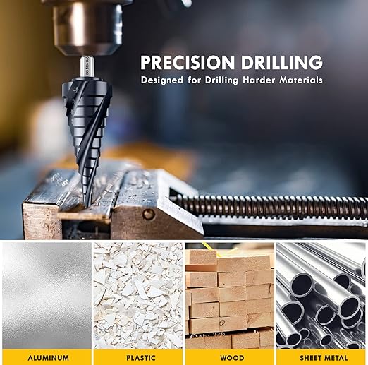 𝗠𝗔𝗖𝗫𝗖𝗢𝗜𝗣 𝗙𝗼𝘂𝗿 𝗦𝗽𝗿𝗶𝗮𝗹 𝗙𝗹𝘂𝘁𝗲 M35 Cobalt Step Drill Bit, 3/16"-7/8" Ultra 𝗧𝗶𝗔𝗜𝗡 Coated, 1/4" Hex Shank Drill Bit for Metal, Stainless Steel, Aluminum, Copper, Wood, PVC
