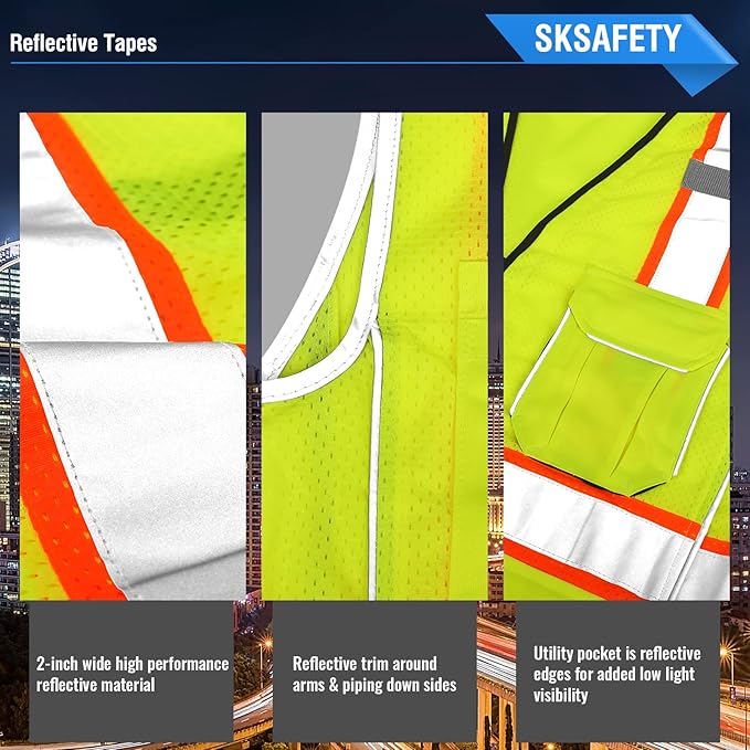 SKSAFETY 10 Pockets Professional level Safety Vest, Class 2 High Visibility Security Vest with Zipper, Hi Vis Vest with Reflective Strips, ANSI/ISEA Standard, Construction Work Vest（Lime, M）