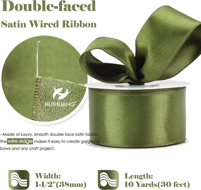 HUIHUANG Moss Green Satin Wired Ribbon 1-1/2 inch Moss Wire Edge Ribbon - Image 2