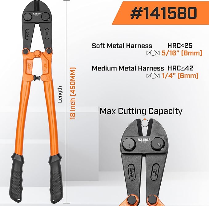 KSEIBI 141580 Heavy-Duty Medium Size Bolt Cutter 18" for Cutting Fence, Steel Wire, Chain, Screws, Rivet, and Medium Padlock, with Soft Grip Rubber Ergonomic Handle Cutters