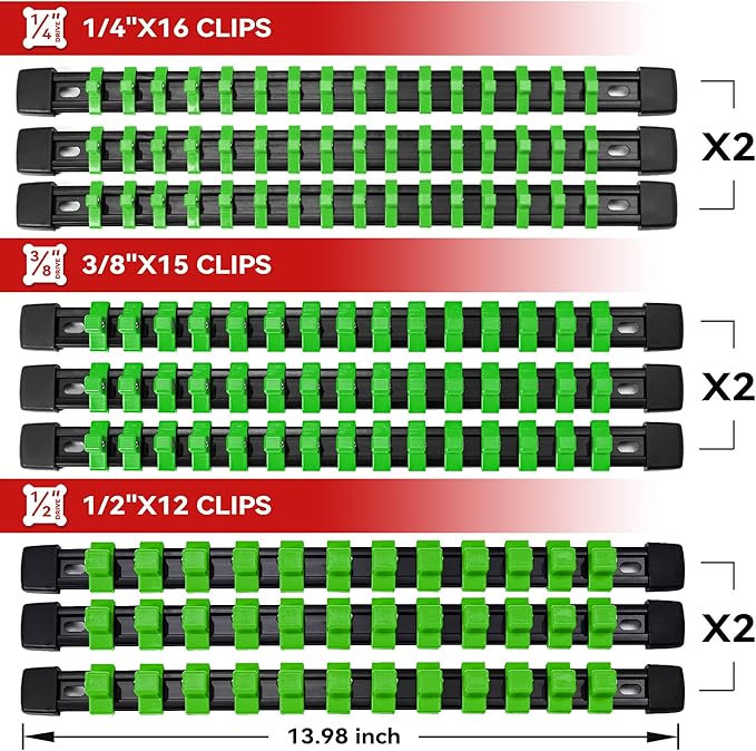 ALOANES 18 PC ABS Socket Organizer, 1/2 inch, 3/8 inch and 1/4 inch Drive Socket Rail Holders, Heavy Duty Socket Racks, Black Rails with Green Clips