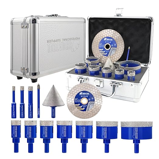 SHDIATOOL Diamond Tile Drill Bits Kit 13pcs, Porcelain Hole Saw Sets, Core Bits Cutter for Drilling Ceramic Marble Granite (6/8/10/20/25/28/32/35/45/65MM/2/4.5"/6MM)