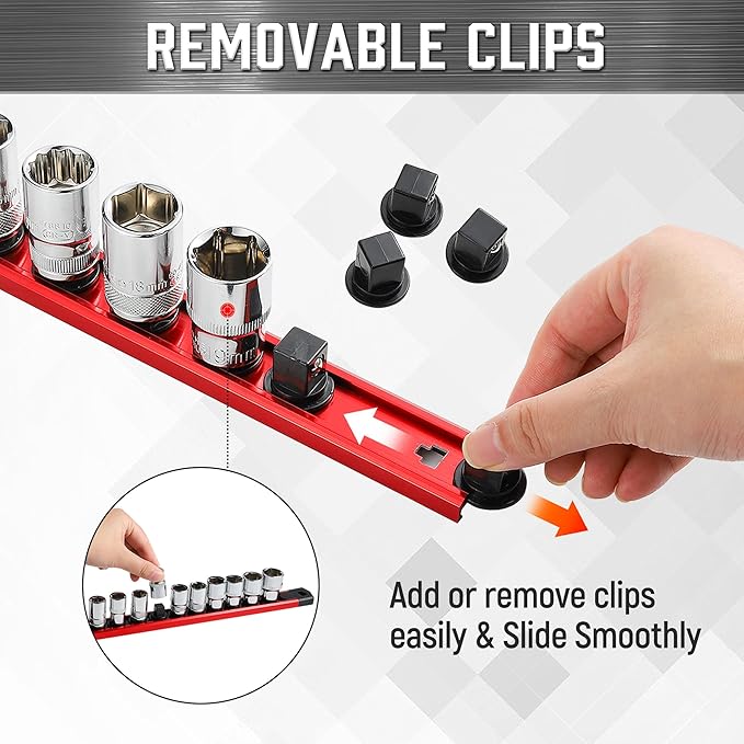ALOANES 6-Piece Magnetic Socket Organizer, Heavy Duty Aluminum Socket Rails Organizer, 360° Swivel Clips Socket Holder Kit for Tool Box, 1/2, 3/8, 1/4-Inch Socket Holder x 80 Clips (Red)