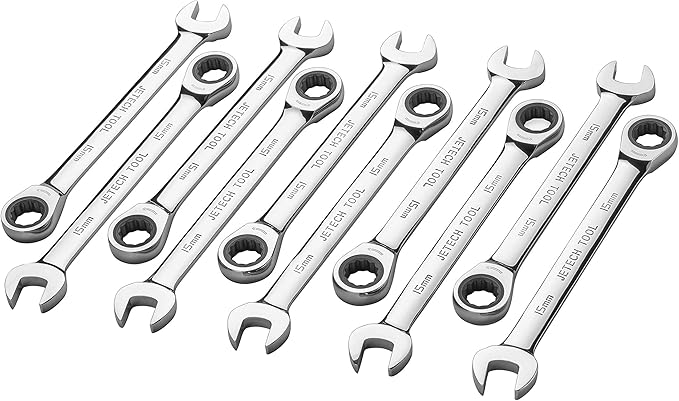 Jetech 10PCS Ratcheting Combination Wrench, Industrial Grade Gear Spanner with 12-Point 72-Tooth Ratchet, Forged and Heat-Treated Cr-V Steel, Metric (15MM 10PACK)