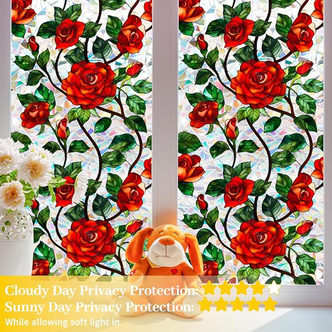 Bloss Rose Stained Glass Windows Film, 29.5x78.7inch 3D Flower Privacy Window - Image 5