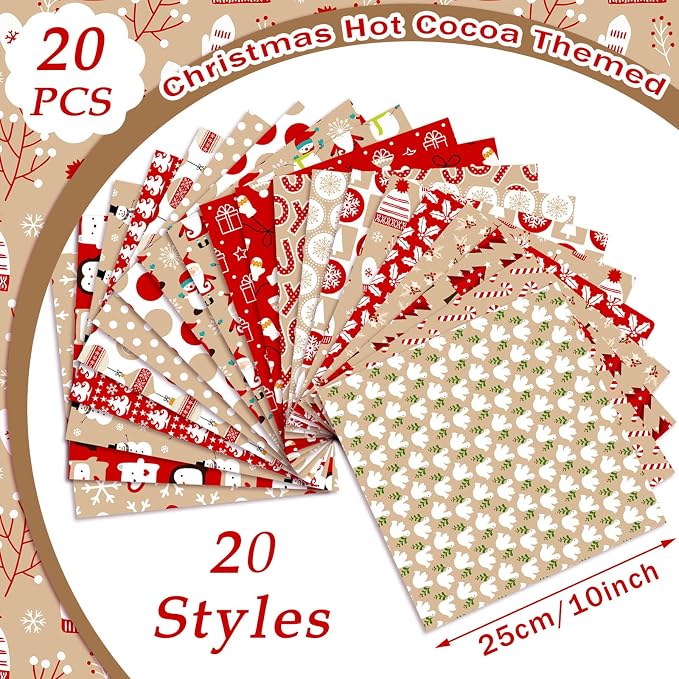 HunnmingRe 20 Pcs 10''x10'' Christmas Hot Cocoa Quilting Fabric Square Santa - Image 2