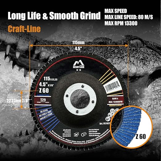 Merryland Flap Disc 4 1/2 inch Metal for Angle Grinder, 4.5inch 60 Grit T29 Flap Wheel 20 Pack, Blue Zirconium Corundum INOX Stainless Steel Iron Universal, Craft-Line FC1107314-20