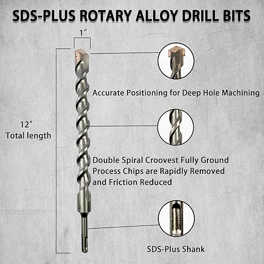 Direko 5-Piece 1 inch x 12 Inch SDS Plus Rotary Hammer Drill Bits Carbide Tipped Concert Drill Bits for Concrete, Brick, Cement Walls, Stone, Hammer Drill Bits for Concrete