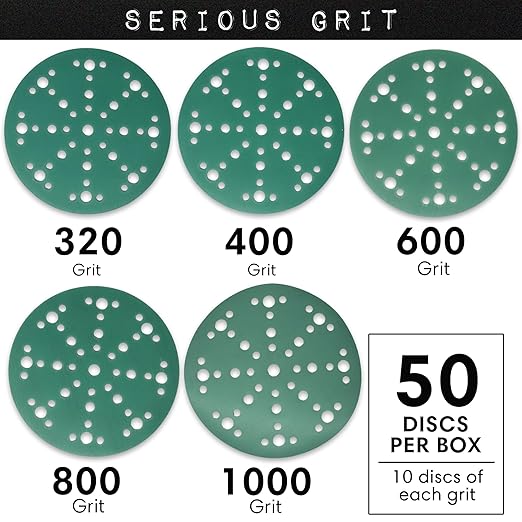 6-Inch 49-Hole High Grit Sanding Discs Assortment - 320, 400, 600, 800, 1000 Grit (10 of Each) - Wet Dry Hook & Loop Film Discs - Sandpaper for Random Orbital Sanders - 50 Pack Box