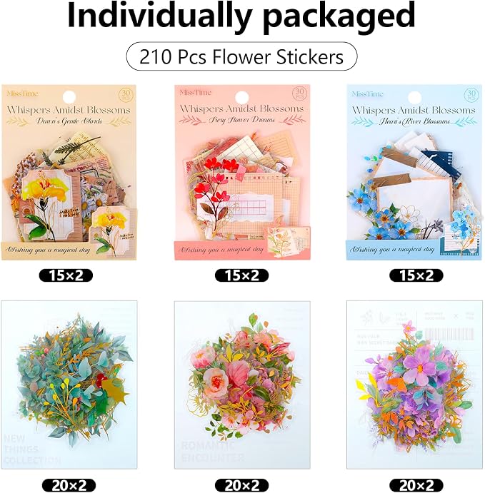 Pengxiaomei 210 Pieces Flower Stickers, Scrapbooking Stickers Self-Adhesive - Image 2