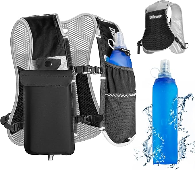 Running Vest for Women Men, Lightweight Hydration Runner Vest with Transparent Waterproof Phone Pocket, 17oz Soft Flask, Adjustable Chest Straps Reflective Backpack for Hiking Cycling Jogging