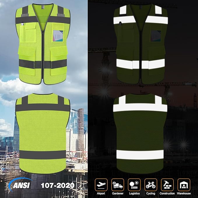 TCCFCCT Mesh Safety Vest 5 Pockets High Visibility Reflective Vest for Men Women, Durable Construction Vest with Horizontal Strip for Walkie-talkie, Meets ANSI/ISEA Standards, Yellow, L