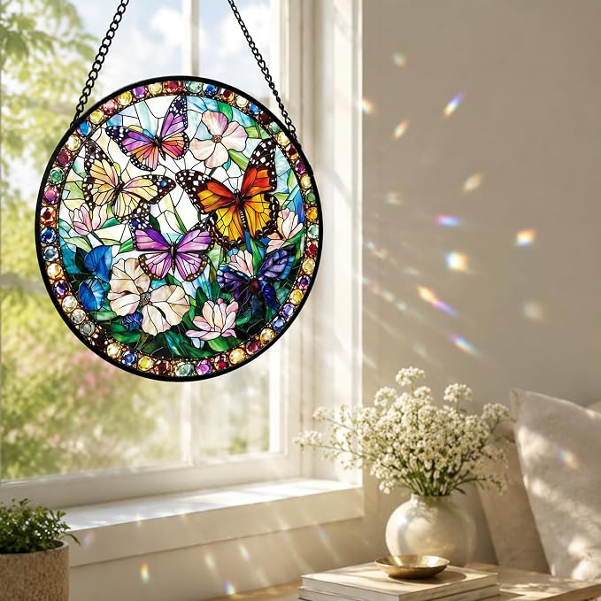 Butterfly Flower Acrylic Suncatcher Faux Stained Glass Window Hanging 9.8" | - Image 6