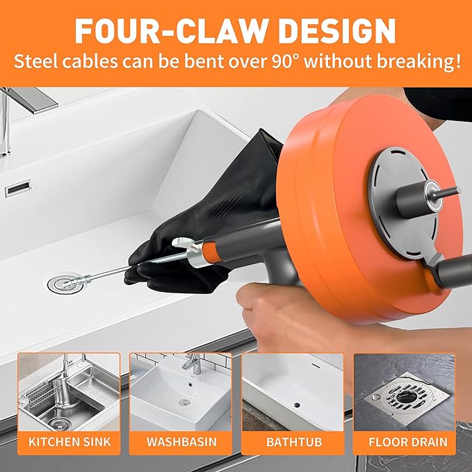 BACOENG 33Ft Drain Auger, Heavy Duty Plumbing Snake with Drill Adapter, Use Manually or Powered for Drain Clog, Shower Sink, Comes with Gloves and Bag (Orange)