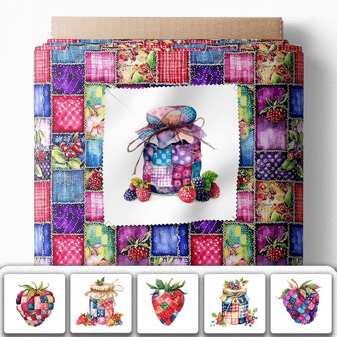 Patchwork Berry Jar Cotton Fabric Panel – 6 Designs + Bonus Sheet 29.5×19.6 inch - Image 2