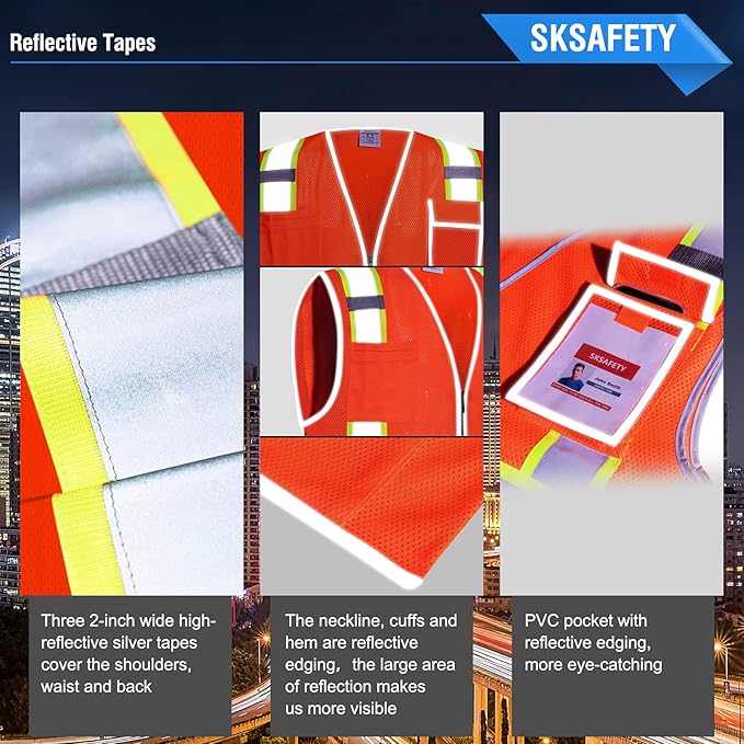 SKSAFETY 10 Pockets Safety Vest, Class 2 High Visibility Security with Zipper Double-sided mesh, Hi Vis Vest with Reflective Strips, ANSI/ISEA Standard, Construction Work Vest （Orange, 4XL）