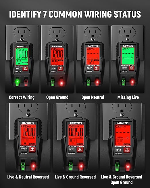 KAIWEETS Electrical Test Kit, Non-Contact Voltage Tester with Signal Percentage, GFCI Outlet Tester with LCD Display, Wiring Fault Checker, Outlet Tester Kit for Electrician, DIY