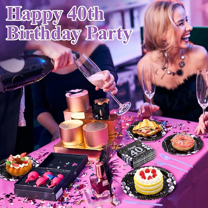 Pickmesh 400 Pcs 40th Birthday Party Supplies Purple Black Happy 40th Birthday - Image 4