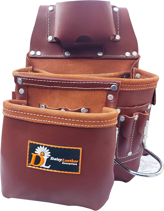 Daisy Leather PRO DL-101 Oil tanned Premium 25 pockets Heavy duty Tool Belt, Carpenter belt Pouch for Construction, Carpenter, Craftsman and Electricians workers, Black, X-Large (Cherry Leather)