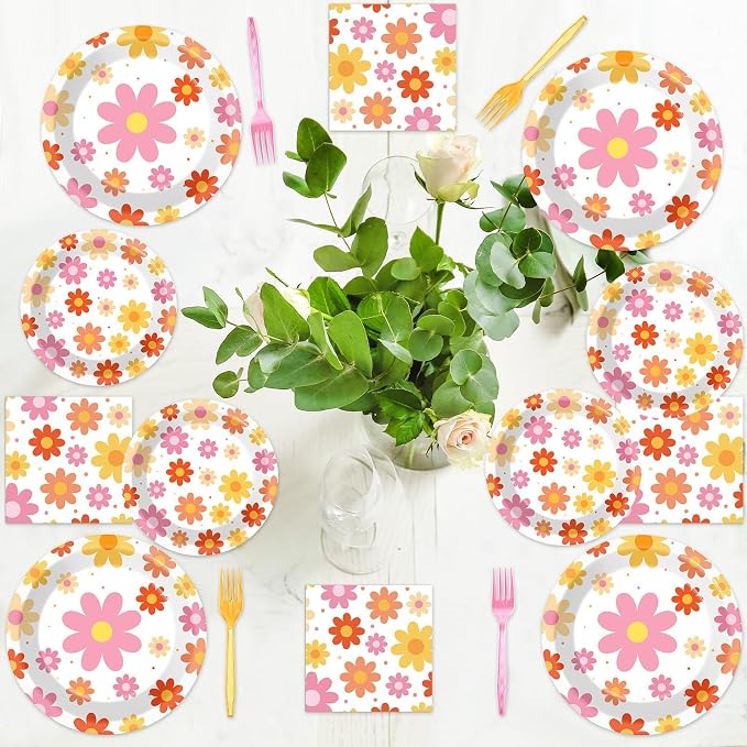 Qyeahkj 50 Guests Groovy Daisy Plates and Napkins Party Supplies Boho Hippie - Image 6