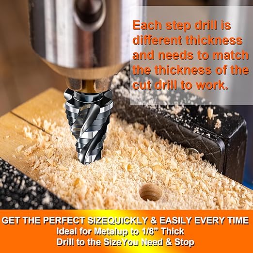 Four Spiral Flute Step Drill Bit for Metal,M35 Cobalt Unibit Step Drill Bit Set 3/16"-1/2"(6 Sizes),Wear-Resistant AlTiN Coated,1/4" Hex Shank for Metal, Stainless Steel, Aluminum, Plastic