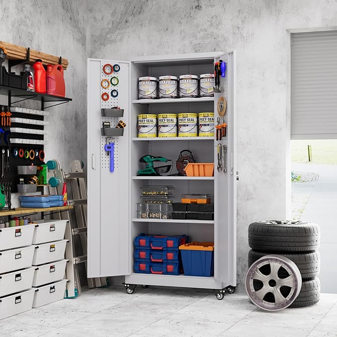 Aobabo 73''H Metal Garage Storage Cabinet with Wheels and Pegboards, 4 Adjustable Shelves Steel Storage Cabinets for Home,Warehouse,Garage,Assembly Required,White