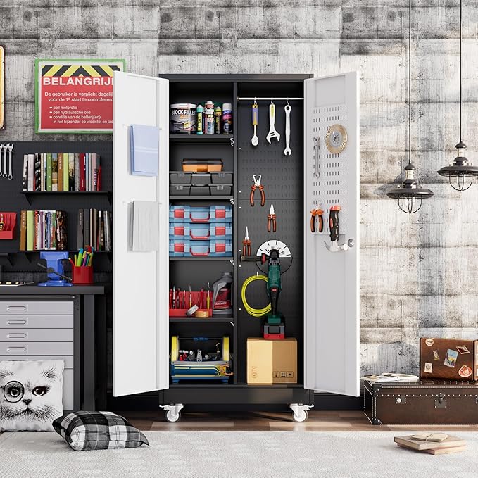 Garage Storage Cabinet with Wheels and Pegboard, Metal Broom Closet Storage Cabinet with Hanging Rod and Hooks for Garage, Bathroom, Home