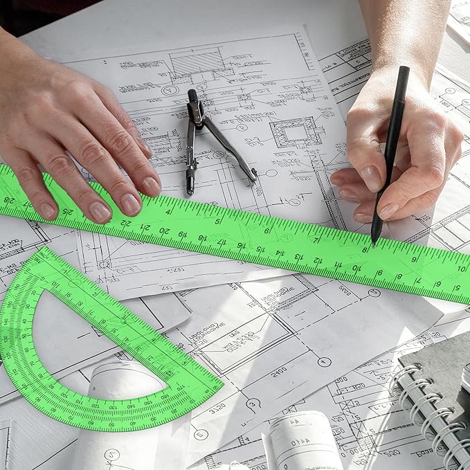 2 Packs 12 Inch Plastic Ruler and 6 Inch Plastic Protractor Set Clear Math Geometry Set Classroom Set Angle Detector School Supplies Classroom Ruler Home Office Drawings (Green)