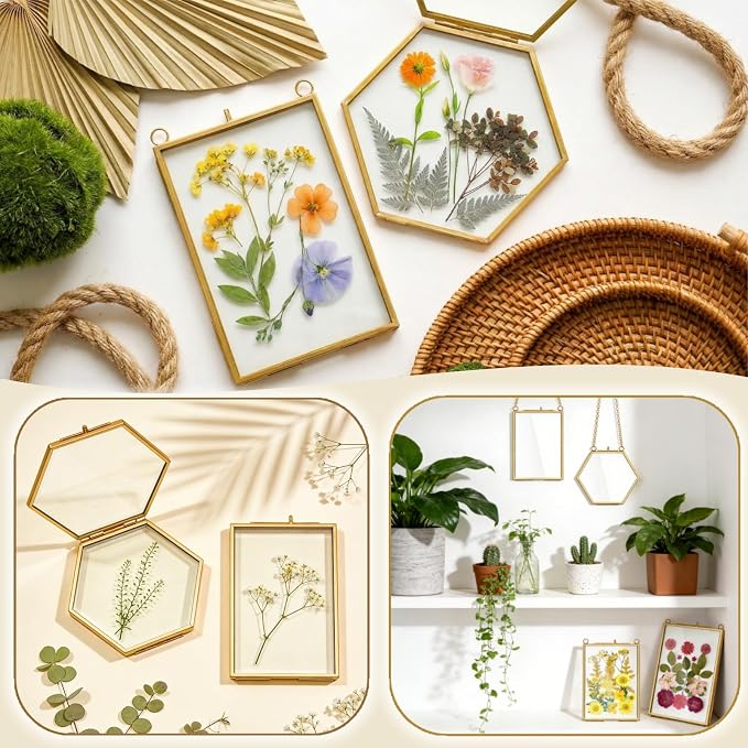 AVLA 3 Pack Pressed Flowers Glass Frames, Brass Hanging Picture Frames - Image 5
