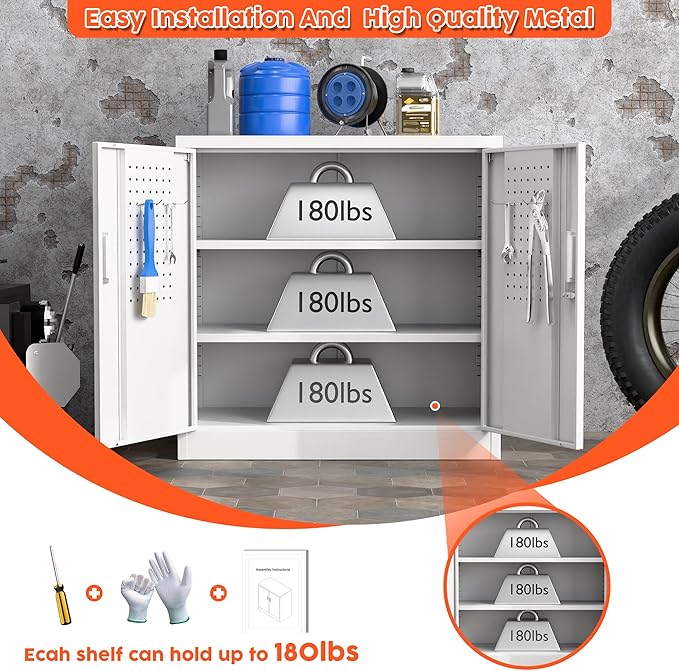 Aobabo 31.5" H Metal Storage Cabinet with 2 Shelves, Lockable Steel Cabinet with 4 Hooks for Home Office Garage, White, Assembly Required