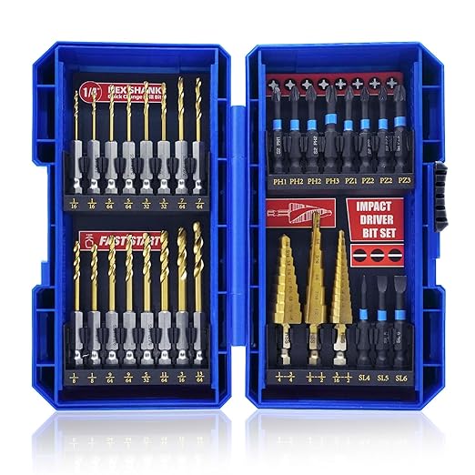 JEFE HEX 30pcs Impact Bit Set, Screwdriver Bit Set 11pcs, Hex Shank Drill Bit Set 16pcs, Step Drill Bit 3pcs, High Speed Steel Materialand Titanium Coating, S2 Alloy Steel Bits with Index Box