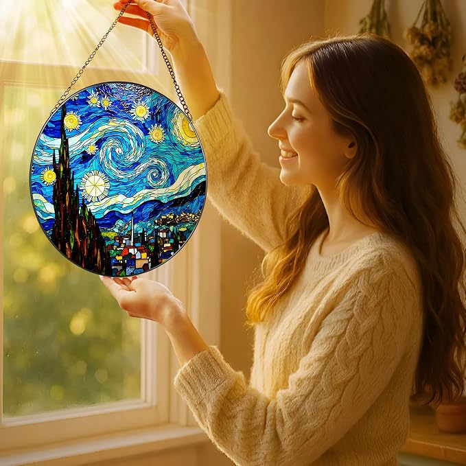 8'' Van Gogh Starry Night Sun Catcher Ornament, Stained Glass Window Hanging - Image 2