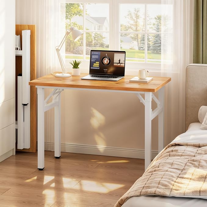 Need Small Folding Computer Desk, 35.8 Inch Writing Table, Teak & White | - Image 2