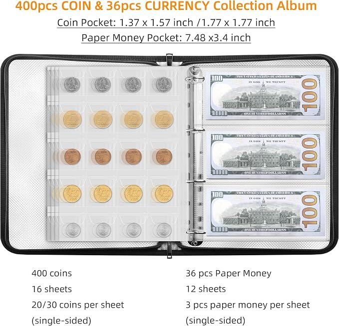 400 Pockets Fireproof Coin Collection Book &36 Paper Money Organizer Binder | - Image 4