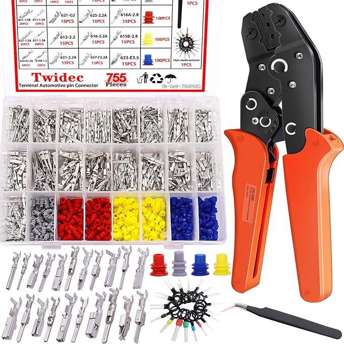 Twidec/755Pcs 21Type Car Electrical Wire Terminal 1/1.5/1.8/2.2/2.8/3.5mm Connector Pins Terminal Auto Electric Connector Non-Insulated Plug Removal Male Female Crimp Pins With Crimping Pliers