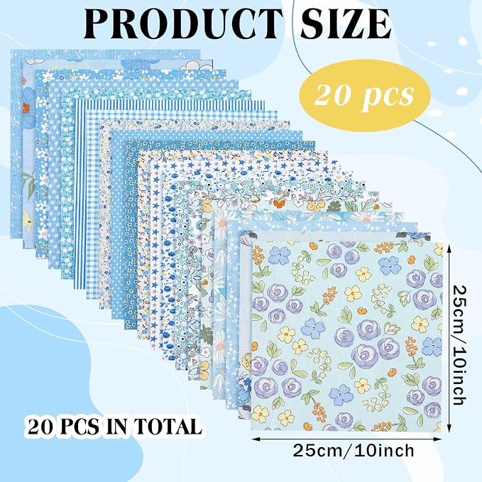 HunnmingRe 20 Pcs 10''x10'' Blue Flower Quilting Fabric Square Spring Floral - Image 2