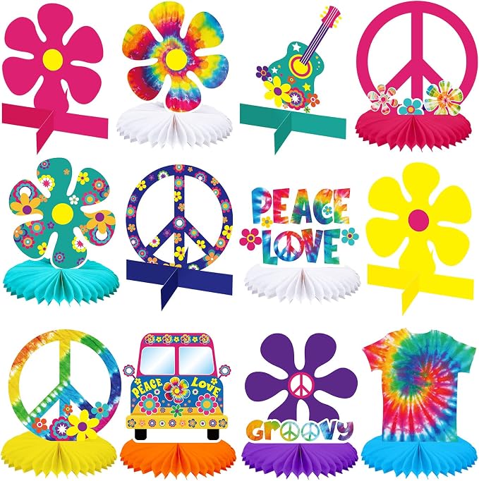 Nezyo 12 Pcs Tie Dye Hippie Party Honeycomb Centerpieces Decorations 60's 70s by Nezyo