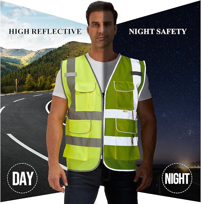 SIFE Reflective Safety Vest High Visibility Vest With 7 Pockets And YKK Zipper, ANSI/ISEA Class 2 Standard, Made With 3M Reflective Tape(03Y-Yellow Mesh,2XL)