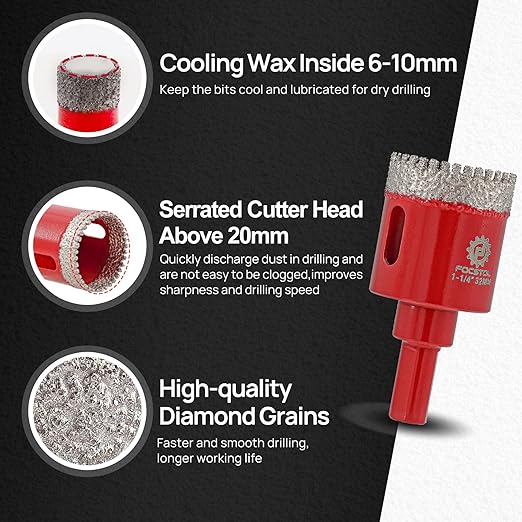 Diamond Core Drill Bit Set - FOCSTOL 11pcs (6/8/10/20/25/28/32/35/45/50/65mm) Hole Saw Kit for Porcelain Ceramic Tile Marble Granite with Triangle Shank