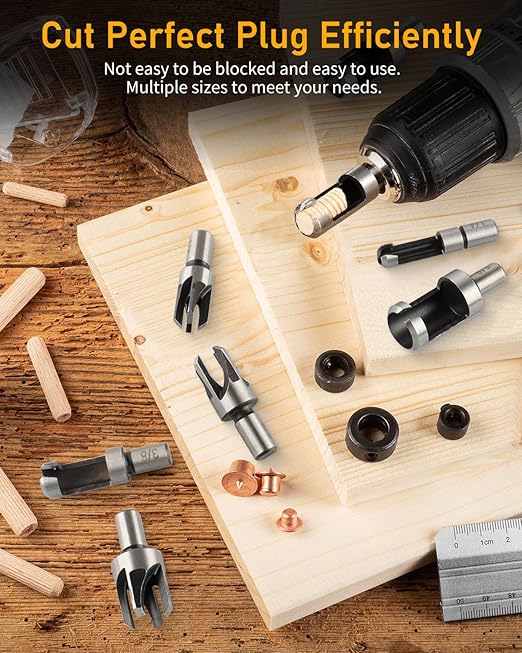 34 Pcs Woodworking Chamfer Drilling Tools Including 6 Countersink Drill Bit Set, 7 Countersink Drill Bit, 8 Plug Cutters for Woodworking, 3 Step Drill Bit and 8 Drill Stop Bit Collar Set.