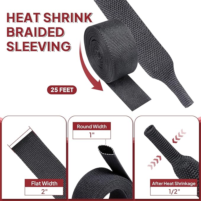 Heat Shrink Braided Sleeving, 2:1 Ratio Shrinkable Fabric Tubing Sleeve Abrasion Protection Cable Wire Sheath (1"-25ft)